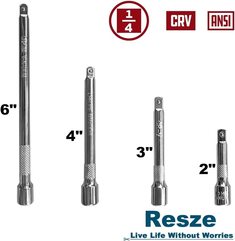 Resze 4 Pcs 1/4" Socket Extension Set, Drive Impact Extension Bar Set, Ratchet Extension Set, 2"(50mm), 3"(75mm), 4"(100mm), 6"(150mm), Premium Chrome Vanadium Steel, Professional Socket Accessories - Image 2